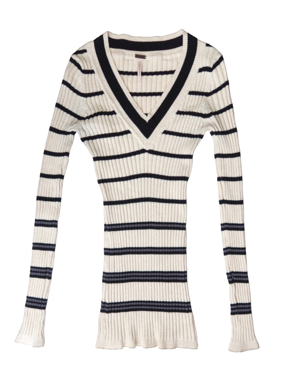 Poof White Striped Ribbed V Neck Sweater